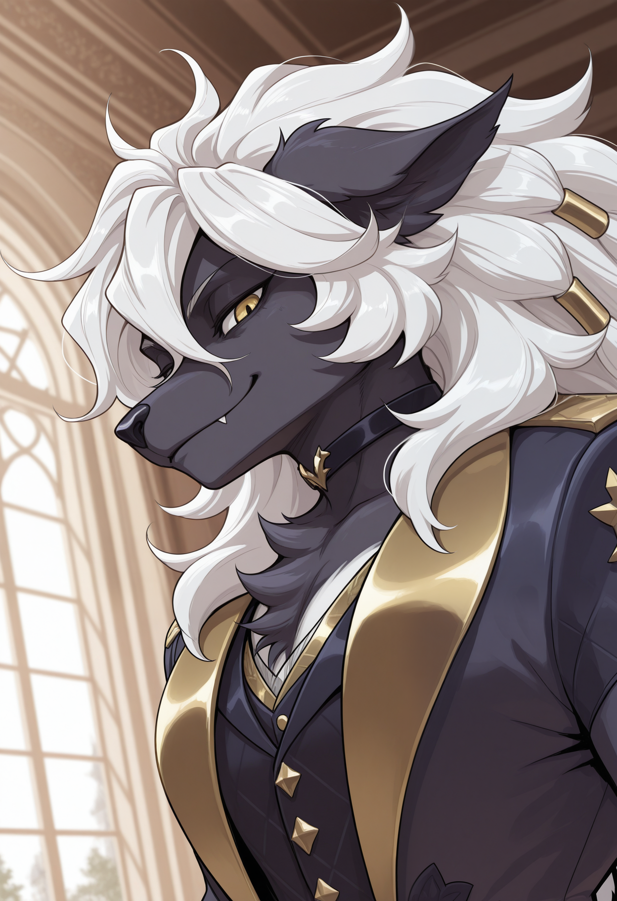 masterpiece,best quality,amazing quality, 1boy, solo, w00dw0s3, furry, yellow eyes, coat, vest, black choker, gold hair tube, close up, side angle, mansion, smug,