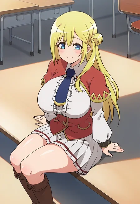 <lora:Enome_1:0.9> Enome, 1girl, blonde hair, solo, breasts, smile, large breasts, long hair, hair bun , school uniform, blush, blue necktie, long sleeves, white skirt, red capelet, looking at viewer, sitting, brown boots, score_9, score_7_up,anime coloring ,source_anime, anime