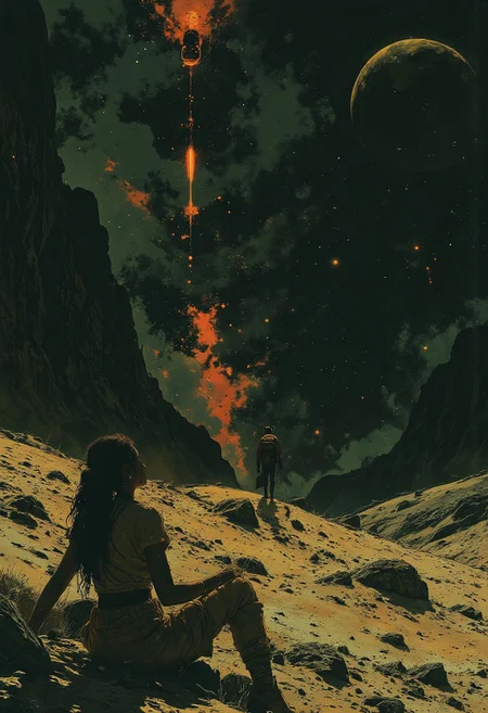 an kityy sitting on the surface of the moon. Looking up at a small earth in the distance.