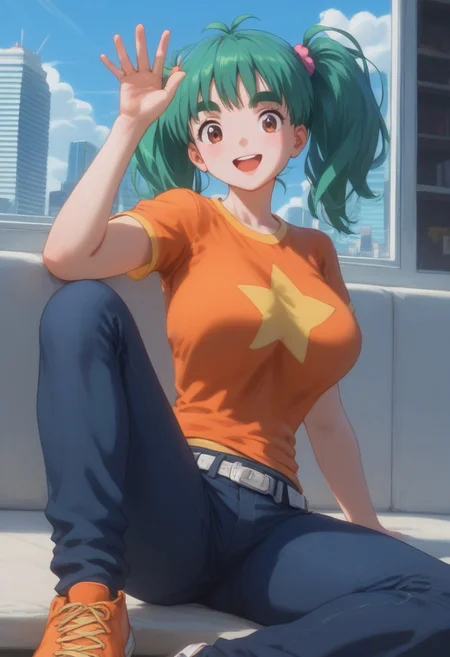 score_9, score_8_up, score_7_up, rating_explicit,1 girl, alone, cute, (voluptuous:1.2), PMDuplica, 1girl, solo, brown eyes, green hair, bangs, twintails, hair tie, thick eyebrows, short sleeves, t-shirt, orange shirt, star print, belt, jeans, orange footwear, sitting, looking at viewer, smile, open mouth, waving arms, BREAK, cityscape, blue sky, sunlight,