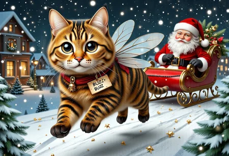 score_9, score_8_up, score_7_up,
photorealistic, a flying kitten pulling a sleigh with a sign around their neck, flying cat, cat bee hybrid, bumble bee fur, ((kitten has yellow and black striped fur)), (((bee wings))), blue eyes, (((Sign hanging around neck that says "Buzz Buzz"))), kitten is pulling Santa's sleigh over snow-covered houses at night, christmas
BREAK
1cat, highly detailed, aesthetic, great lighting, extremely detailed, award winning, perfect composition, a rich and complex image of nature, a vibrant tissue of hues and textures captured digitally, best quality, realistic, captivating, intricately detailed, hyper detailed, maximalist style, photorealist, sharp focus, dynamic lighting, superb composition, finest details, highest aesthetics, best quality, sharp focus, high contrast, stylized, clear, colorful, ultra quality, 8k, best quality, masterpiece,midjourneyv6.1 AP, no humans, animal focus, cat ,looking at viewer, animal,whiskers,mythp0rt,small zhibi, chr1stm4st1m3   Christmas time