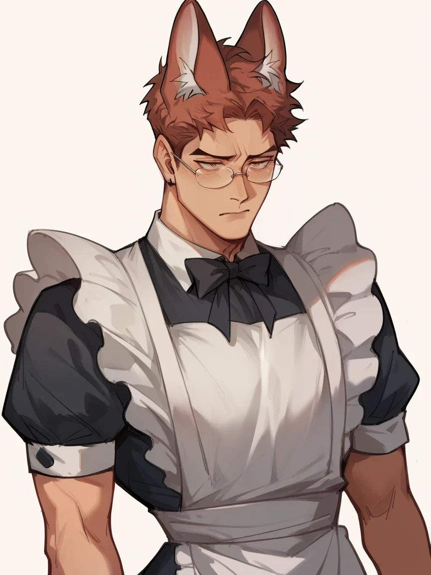 score_9, score_8_up, score_7_up, score_6_up, score_5_up, <lora:EtceteraArtXLP:1> etceteraart, 1boy, fox ears, solo, maid dress, white background,