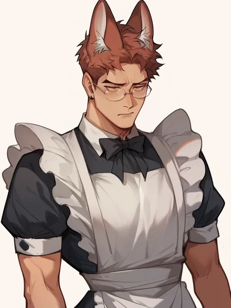 score_9, score_8_up, score_7_up, score_6_up, score_5_up, <lora:EtceteraArtXLP:1> etceteraart, 1boy, fox ears, solo, maid dress, white background,
