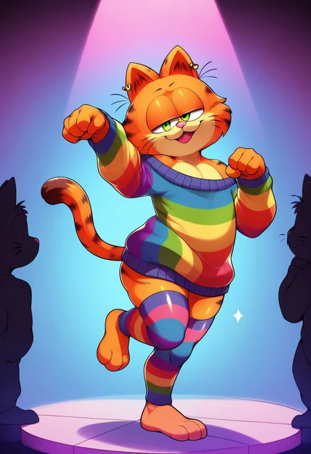 score_9, score_8_up, score_7_up, solo focus, male furry, catboy, furry male, pink nose, Garfield, garfield the cat, whiskers, solo, 1boy, tail, orange fur, orange skin, cat ears, short hair, no humans, green eyes, thighhighs, long shirt, bottomless, flat chested, wide hips, rainbow sweater dress, (oversized sweater:1.5), off shoulder, (rainbow stripes:1.2), striped stockings, wide sleeves, long sleeves, sleeves past wrists, slightly chubby, curvy, masterpiece, extreme detail, highest detail, gay, sparkle, glitter, half-closed eyes, flirty, ear ring, smug, eyelids, open smile, open mouth, tongue, head tilt, looking at viewer, dancing, paw pose, raised arms, on one leg, knock-kneed, side view, big butt, raised tail, cocked hip, psychedelic background, rainbow colors, nightclub, dancefloor, full-length portrait, background crowd, size difference, by sssonic2, colorful, RainbowCartoony, zPDXL3, zPDXLxxx, zPDXLrl,