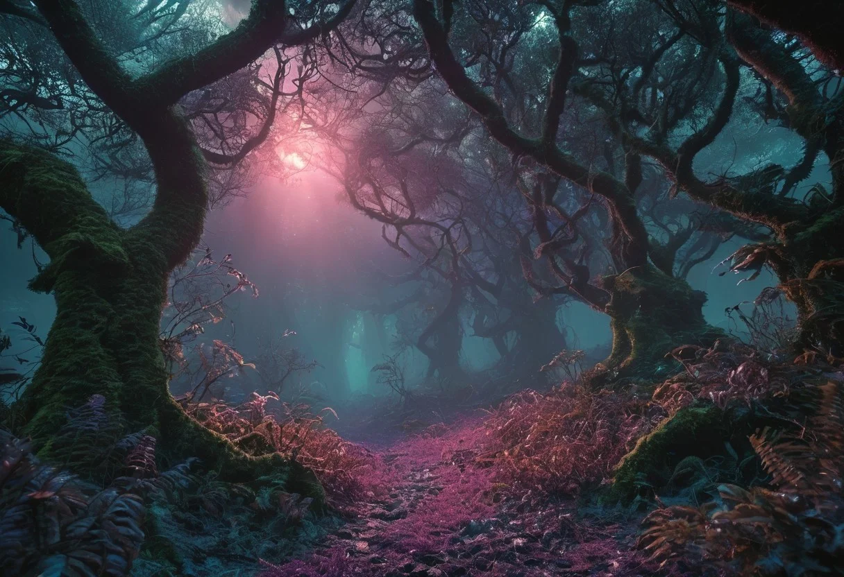 A cinematic, hyper-realistic, wide-angle scene of a dense, swampy forest on an alien planet. The trees and plants have deep purple and dark blue tones. The shape of the trees is twisted and unnatural, as if from another planet. Vines hang from the trees. Small glowing creatures and plants scattered throughout in the trees and on the ground, shining in vibrant turquoise and red. the ground is covered by moss and swirling fog . The atmosphere is illuminated by twilight, with occasional rays of sunlight breaking through the dense canopy of trees. The image is filled with intricate details, evoking the sense of a high-budget sci-fi movie scene. cinematic, science fiction