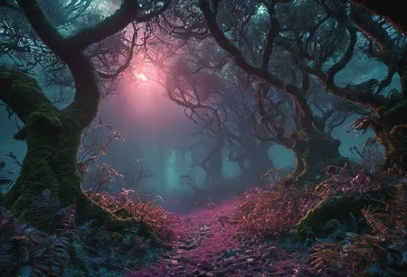 A cinematic, hyper-realistic, wide-angle scene of a dense, swampy forest on an alien planet. The trees and plants have deep purple and dark blue tones. The shape of the trees is twisted and unnatural, as if from another planet. Vines hang from the trees. Small glowing creatures and plants scattered throughout in the trees and on the ground, shining in vibrant turquoise and red. the ground is covered by moss and swirling fog . The atmosphere is illuminated by twilight, with occasional rays of sunlight breaking through the dense canopy of trees. The image is filled with intricate details, evoking the sense of a high-budget sci-fi movie scene. cinematic, science fiction