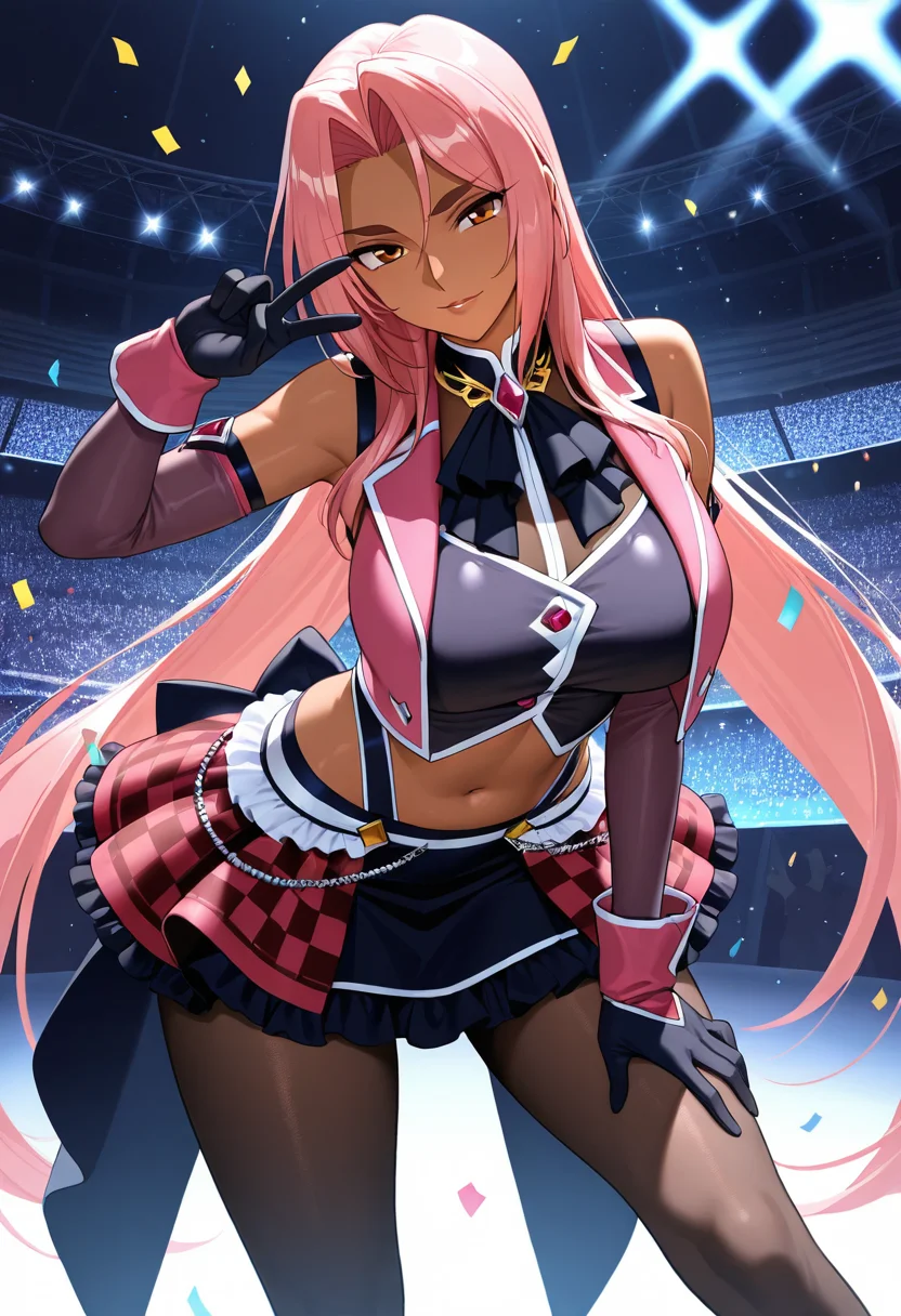 ingrid_(taimanin), mature female, pink hair, masterpiece, best quality, ultra detailed, finely detailed, solo, 1girl, adult, standing, legs apart, leaning on knee, hand up, v, checkered skirt, crop top, detached sleeves, idol clothes, frilled, ornate clothes, pantyhose, vest, gloves, stage, crowd, confetti, particles, stadium, shadow, cowboy shot,