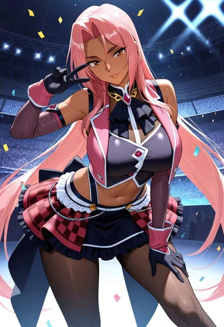 ingrid_(taimanin), mature female, pink hair, masterpiece, best quality, ultra detailed, finely detailed, solo, 1girl, adult, standing, legs apart, leaning on knee, hand up, v, checkered skirt, crop top, detached sleeves, idol clothes, frilled, ornate clothes, pantyhose, vest, gloves, stage, crowd, confetti, particles, stadium, shadow, cowboy shot,