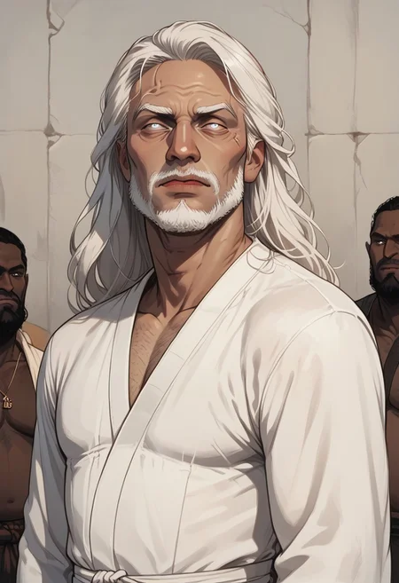score_9, score_8_up, score_7_up, solo, solo focus, BREAK, 1boy, cowboy-shot, ((dark skin, dark skinned male, white hair, long beard, long hair, monk, white robe, white eyes, blind eyes, wrinkles, wrinkled face, wrinkled, wrikly, old, mature, old man))