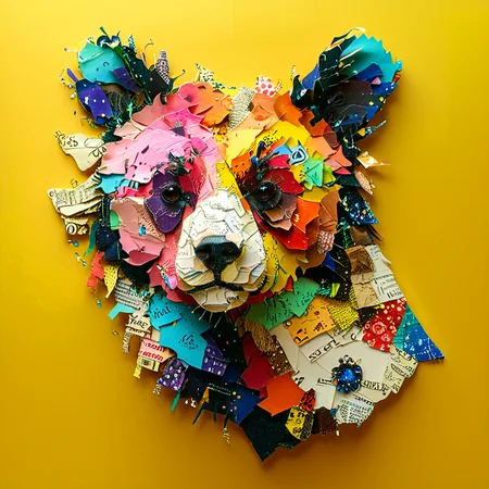 ultra hd quality, high quality pop art depiction of  a   vibrant  bear  made up of various colored paper fragments, predominantly against a bright yellow pop-art background. The bear's  body is intricately crafted from these paper pieces, displaying a myriad of colors and textual elements. The face of the bear is formed using a combination of paper and wire. The overall artwork seems to be a creative representation of nature, blending the organic form of a bear with the man-made materials of paper and wire,  <lora:TQ_-_Newspaper_Style:1>, splash dim volumetric light ,  Surreal Harmony, ImgFixerPre0.3 , <lora:add-detail-xl:0.5>  Surreal Harmony <lora:Surreal Harmony:0.75>, <lora:detailed_notrigger:0.9>  OverallDetailXL,  <lora:zavy-splsh-sdxl:0.5>,  <lora:Graphic_Portrait_v2:1>,  <lora:xl_more_art-full_v1:0.5>  <lora:artfullyECHELIER_SDXL_V1:1> artchlr
