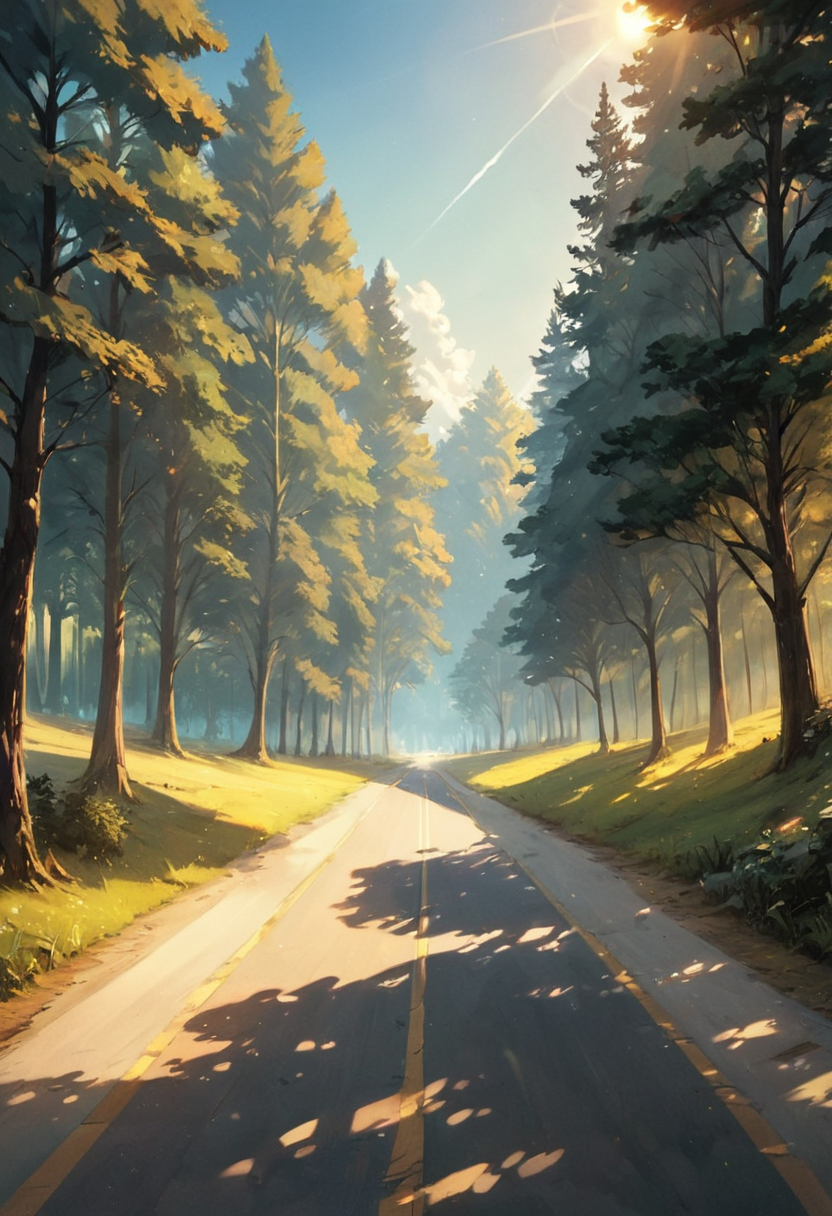 masterpiece,best quality, highly detailed,  score_9, score_8_up, score_7_up, score_6_up,source_Anime,<lora:xl_more_art-full_v1:0.8>,half body shot,
BREAK
 <lora:lightXL:0.8>neolight, road, tree, nature, outdoors, forest, sunlight, day, signature, path, ground vehicle, sky