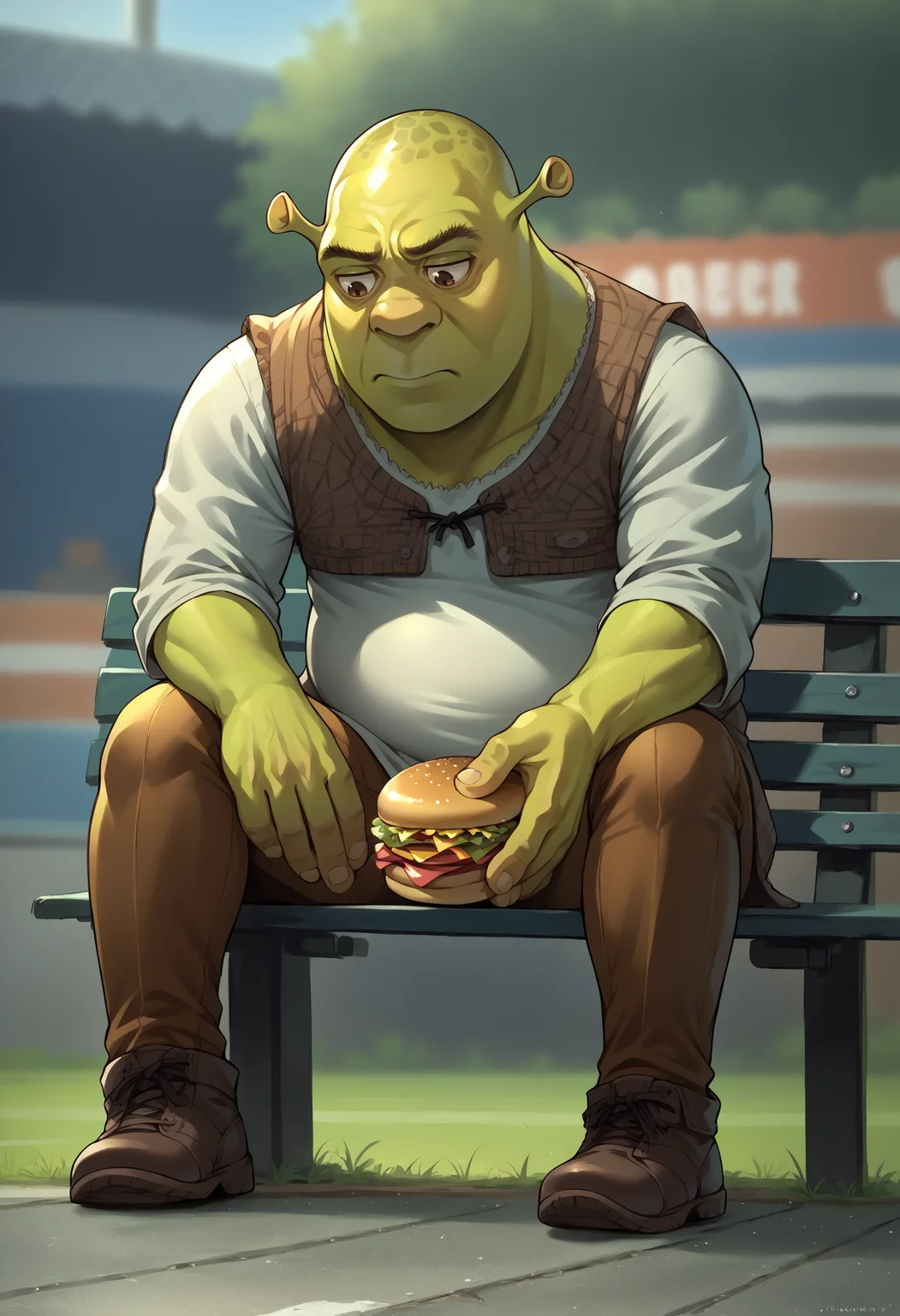 score_9, score_8_up,score_7_up, source_anime, solo, 1boy,
sdknpb, sitting on bench, outdoors, park bench, hand on own knee, sad, leaning forward, holding, holding food, burger, looking down,
stadium,
shrek, green skin
<lora:sdknpb_pdxl_EliPot:1> <lora:Shrek_XLPD:1>