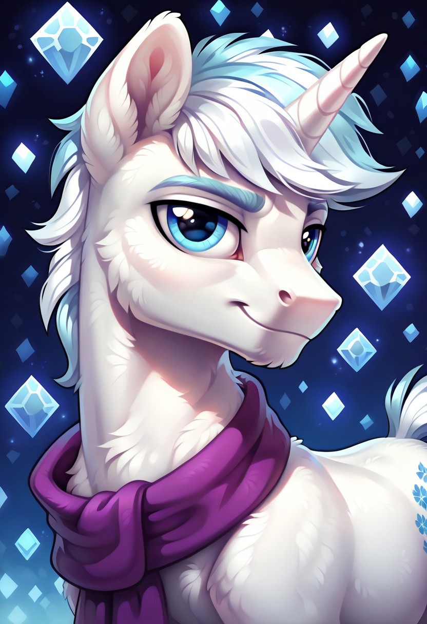 score_9, score_8_up, score_7_up, score_6_up, score_5_up, score_4_up, my little pony, ((feral pony)), ((double diamond)), 1MAN, ((solo)), (sexy), beautiful, detailed, (detailed handsome pony face), detailed blue eyes, ((detailed pure white fur:1.9)), muscular stallion:1.5, beautiful, vector, (beautiful feral unicorn pony), (beautiful white hair), (light blue crystal background:1.5), (looking at you), (calm expression), snowflakes, snowing, purple scarf
