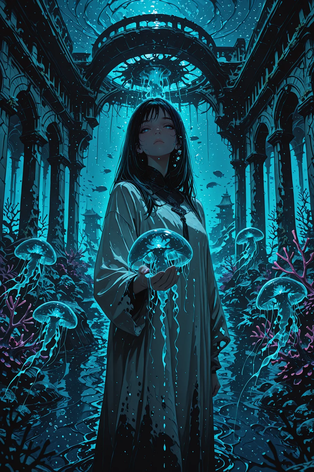 <lora:Sinozick_style:0.3> <lora:Aura_illu:0.5> <lora:Avarice_1.1:0.5> <lora:cryostyle:0.7> <lora:Underwater-Concept-Ilustrious:0.8>
lazypos, sinozick_illu, Aura_illu, cryos2, close up, face focus, underwater, depth of field, deep ocean blue, school of fishes in background, glowing jellyfish, air bubbles scattered over the background, dark blue lighting, dark coral reef reaching upward, underwater ruins, overgrown ruined buildings of ancient architecture, sunshafts, dark fantasy, BREAK
child, long black hair, ocean blue eyes, looking at viewer, innocent face, white robes, standing at the sea floor, looking at viewer, (holding out hand, touching jellyfish:1.1), torn black strings above, turbulent swirling water around subject