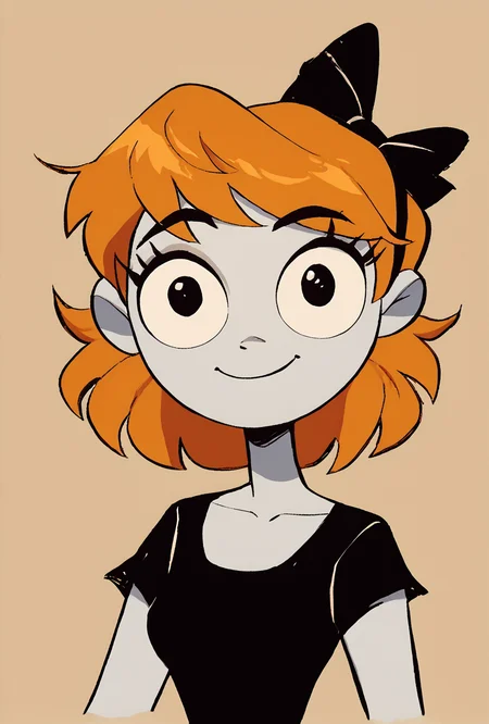 score_9, score_8_up, score_7_up, score_6_up, score_5_up, simple, looking at viewer, smiling, simple, <lora:derpina-10:1> derpina, 1girl, short hair, hair bow, medium hair, orange hair, black dress,, white skin,, <lora:wyatt:1> wyatt <lora:Diives_PDXL:1> by Diives