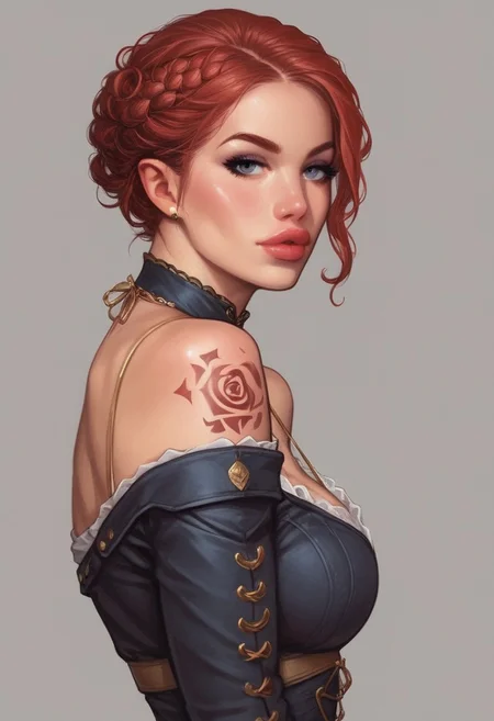 1girl, illustration, comic style, looking at viewer, highly detailed, source_comic_illustration, from front, 1girl, illustration, comic style, looking at viewer, highly detailed, source_comic_illustrationskinny, looking at viewer, 1girl, masterpiece, best quality, ((((side view)))), girl, realistic drawing, anime, by Sam Yang, sharp highly detailed 2d illustration, comic art, (hyperrealism, soft light, sharp), (anime:0.5), BREAK
BREAK
Curly long red hair, loose hair, dark eyes, dark makeup, red lip gloss, beautiful lips, very pale skin, curvy, dynamic pose, pinup pose, photo studio, dark light, exposed shoulder with tattoo on it, sinozick style, flat color, dark theme, zPDXL2, gr33n, plant, flower,, *channel_42*, forearm, waifu, the tattoo is that of a purple spiked rose
((full-clothed))
BREAK
strange world background score_9, score_8_up, score_7_up, score_6_up, source_cartoon, rating_explicit, Expressiveh, ((((upper body, portrait))))), dynamic pose, dynamic pose