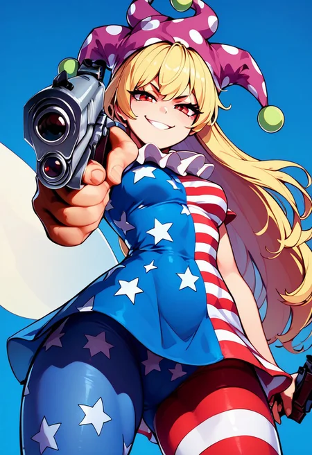 score_9, score_8_up, score_8, medium breasts, (curvy),  looking at viewer, 
zzClwnpc, red eyes, blonde hair, long hair, striped, jester cap, polka dot, american flag legwear, american flag dress, star print, pantyhose, fairy wings,
smug, from below, smile, 
holding weapon, handgun, holding gun, aiming at viewer, revolver, finger on trigger, 
zPDXL, Expressiveh
