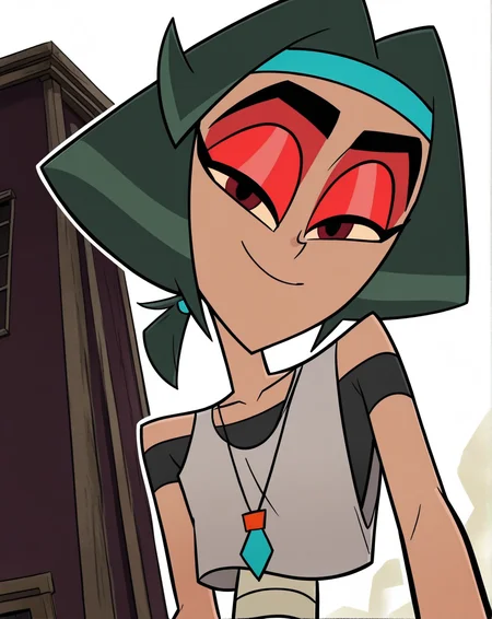 score_9, score_8_up, score_7_up, BW_zyn, 1girl, solo, brown skin, dark red eyes, dark green hair, twintails, medium hair, red eyeshadow, headband, bracelet, necklace, black body suit, bandages, grey tank top, pov, from below, (smile, dutch angle, naughty pose, looking at viewer, outside, western background, cowboy, solo, dynamic pose, full_body, head tilt,),((white background, White frame, white outline))