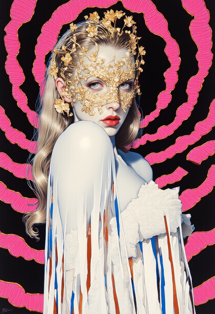 A high-resolution ArsMJStyle colored pencil hyper-detailed realism illustration of a gothic-inspired woman with pale skin and long, straight blonde hair, her face adorned with an intricate golden floral mask-like pattern covering her eyes, nose, and mouth. The feathery, petal-like textures blend seamlessly with her porcelain complexion, exuding an ethereal elegance. Her deep, blood-red lips contrast dramatically against the luminous gold. She is draped in a sheer, flowing white fabric with vertical stripes of deep blue and burnt orange, cascading in delicate folds that suggest movement. The fabric appears weightless, as if caught in an unseen breeze, enhancing the dreamlike quality. The background is a hypnotic, concentric circular design radiating outward, each layer composed of repeating, petal-like semi-circular shapes, creating an illusion of depth and motion. The core of the vortex is deep black with a subtle golden hue, while the outer rings transition from black to electric pink, fading into the darkness. The alternating contrast between black and pink intensifies the illusion of a pulsating, three-dimensional void. This fusion of gothic opulence and psychedelic surrealism results in a visually arresting composition, balancing delicate realism with mesmerizing abstraction.