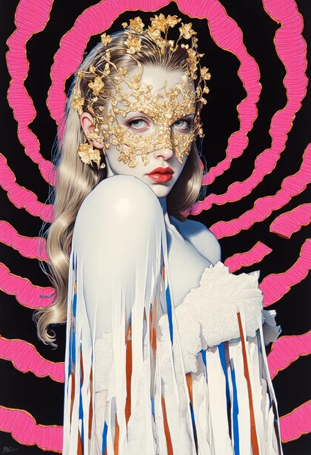 A high-resolution ArsMJStyle colored pencil hyper-detailed realism illustration of a gothic-inspired woman with pale skin and long, straight blonde hair, her face adorned with an intricate golden floral mask-like pattern covering her eyes, nose, and mouth. The feathery, petal-like textures blend seamlessly with her porcelain complexion, exuding an ethereal elegance. Her deep, blood-red lips contrast dramatically against the luminous gold. She is draped in a sheer, flowing white fabric with vertical stripes of deep blue and burnt orange, cascading in delicate folds that suggest movement. The fabric appears weightless, as if caught in an unseen breeze, enhancing the dreamlike quality. The background is a hypnotic, concentric circular design radiating outward, each layer composed of repeating, petal-like semi-circular shapes, creating an illusion of depth and motion. The core of the vortex is deep black with a subtle golden hue, while the outer rings transition from black to electric pink, fading into the darkness. The alternating contrast between black and pink intensifies the illusion of a pulsating, three-dimensional void. This fusion of gothic opulence and psychedelic surrealism results in a visually arresting composition, balancing delicate realism with mesmerizing abstraction.