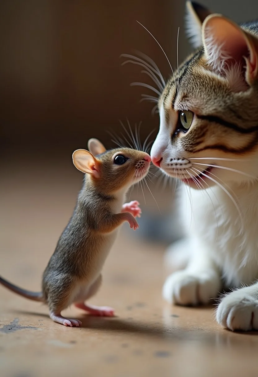a tiny delicate mouse stands up on it's hind legs to smell a cat's nose