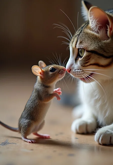 a tiny delicate mouse stands up on it's hind legs to smell a cat's nose