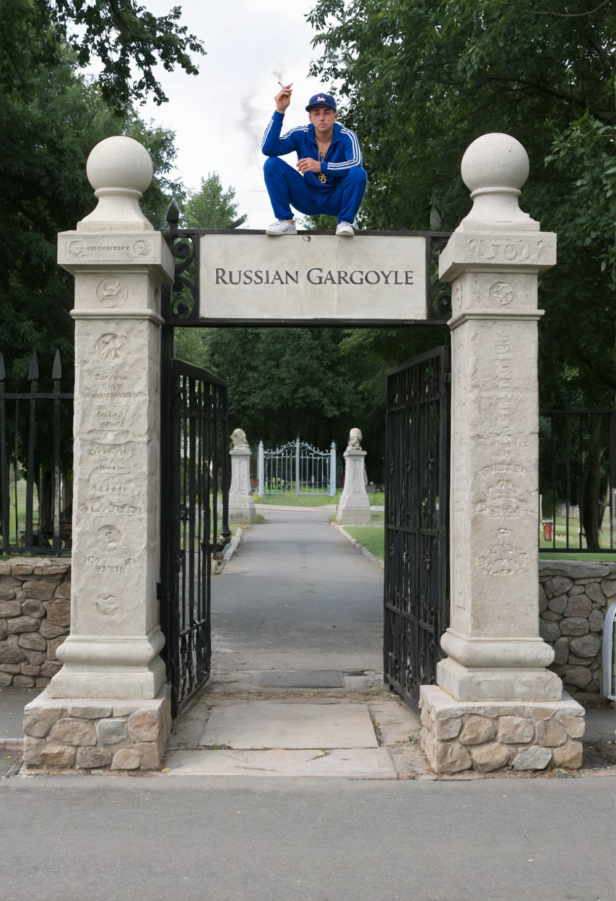 Photo of a cemetery entrance with a large iron gate flanked by two old stone pillars connecting to a stone wall. A man in a blue tracksuit is squatting on top of one of the stone pillars next to the gate. The man is wearing a cap and smoking a cigarette. The background shows a cemetery behind the gate.  A text caption at the bottom reads: "Russian Gargoyle"   <lora:xl_slavpunk_russia_aesthetic_v1>