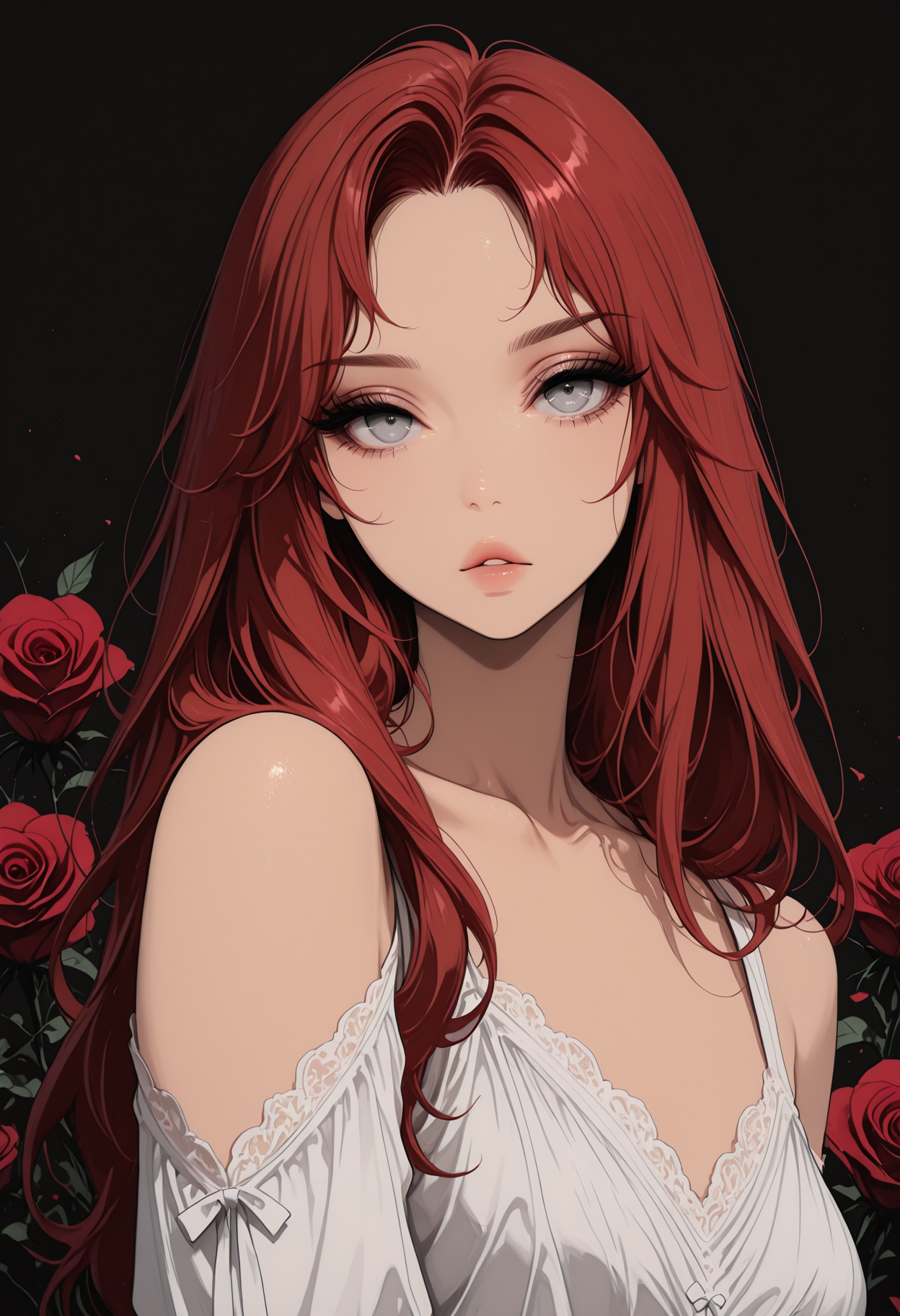 adult,
1woman,
masterpiece, newest,absurdres,incredibly absurdres, best quality, amazing quality, very aesthetic, (solo:1.2),
 solo, long hair, looking at viewer, red hair, dress, collarbone, upper body, flower, parted lips, black background, white dress, parted bangs, grey eyes, expressionless, rose, red flower, red roses, Shoulder cutout, detached sleeves, limited palette, 
<lora:Glam Girl2:1>