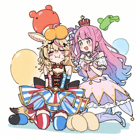 masterpiece, best quality, good quality, very awa, firedotinc, 2girls, multiple girls, omaru polka, himemori luna, virtual youtuber, omaru polka (1st costume), himemori luna (1st costume), jester, clown, princess, comedic sweatdrop, flying sweatdrops, balloon animal, playing, toy, playing with another's hair, <lora:ai_styles_collection_noob_vpred-1.0-v4.02:1>