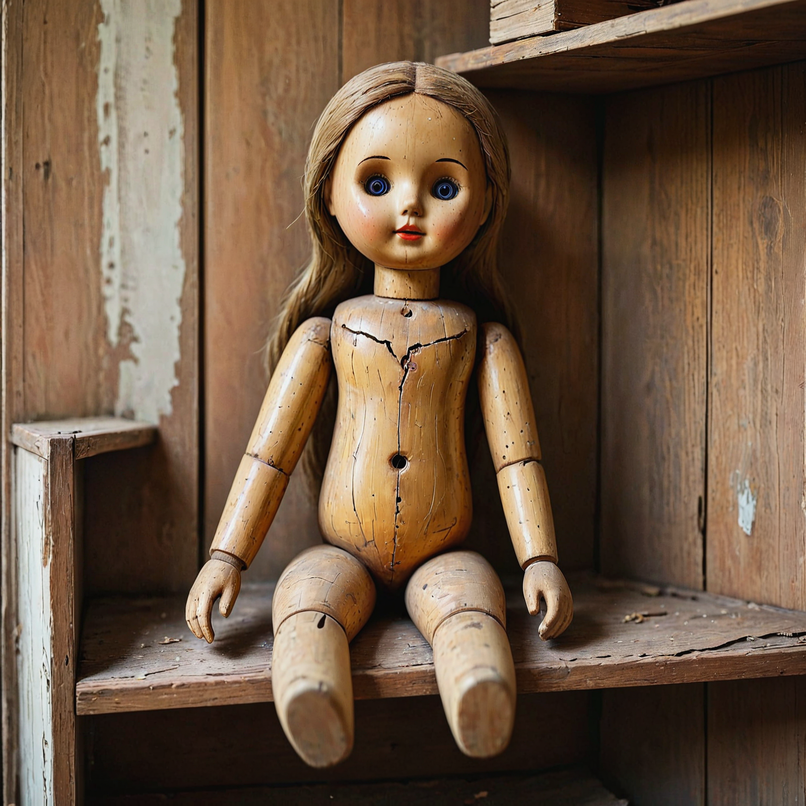 An old wooden doll sitting on a shelf an a child's abandoned bedroom.

<lora:OldWood01_CE_XL_300-OT:0.6> oldwdCE_style