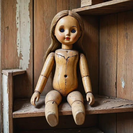 An old wooden doll sitting on a shelf an a child's abandoned bedroom.
<lora:OldWood01_CE_XL_300-OT:0.6> oldwdCE_style