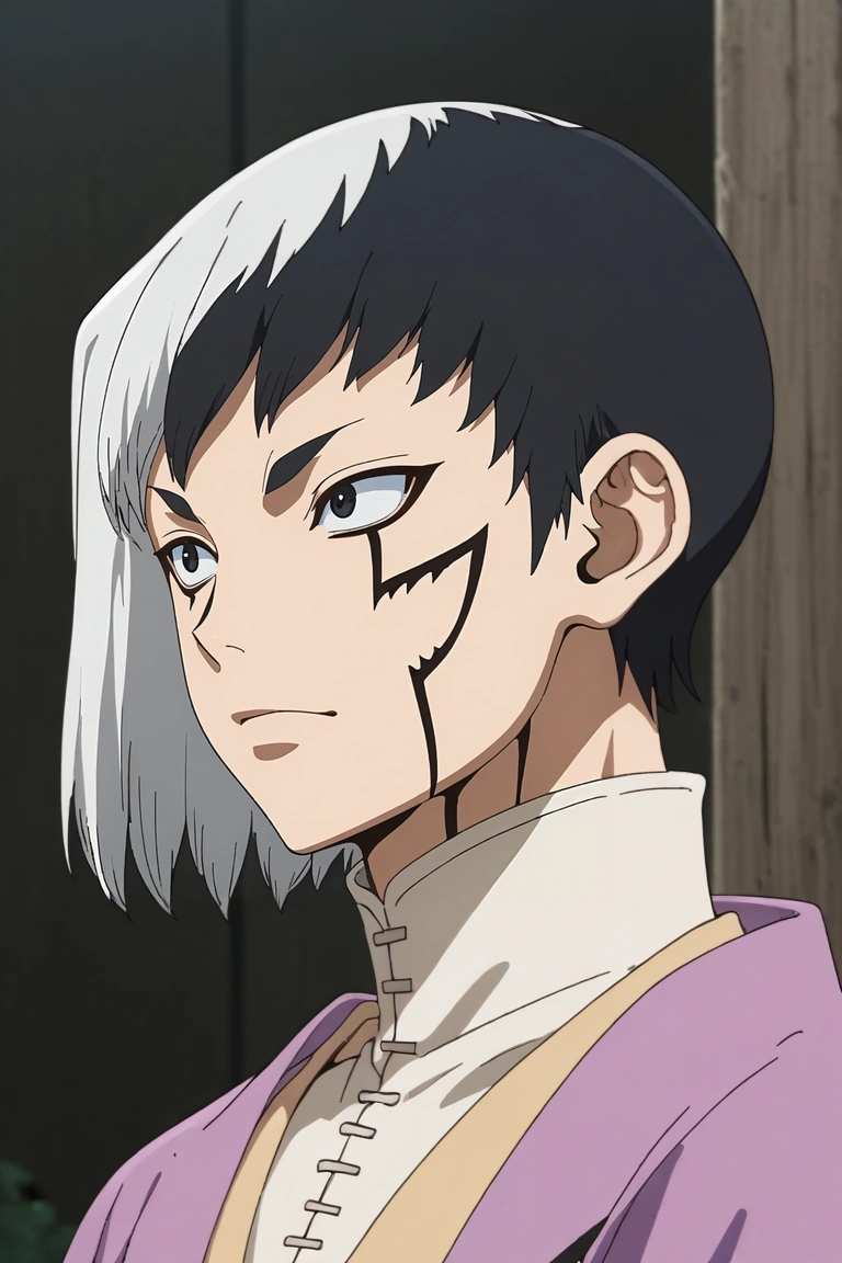 score_9, score_8_up, score_7_up, source_anime, rating_safe, , semi-realistic, , depth of field, 1boy, solo, male focus, <lora:gen_asagiri_pony:0.9>, gen_asagiri, black hair, black eyes, short hair, two-tone hair, multicolored hair, split-color hair, white hair, facial mark, , , <lora:sdxl_lightning_8step_lora:1>