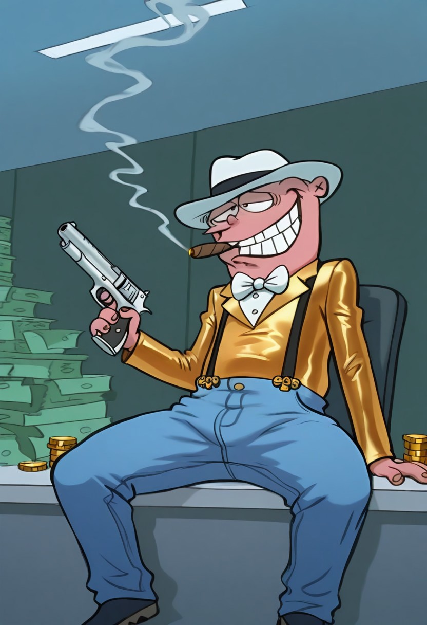 masterpiece, absurdres, highest quality, highly detailed, source_cartoon, 1boy, solo, eddyboy, sc4m, fancy suit, suspenders, blue jeans, white brimmed fedora, bowtie, grinning, smoking cigar, holding gun, sitting on chair with legs on desk, stacks of cash, dollars, bank interior, money, gold coins,