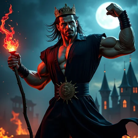 a beautiful 18yo male bodybuilder zombie warlock in a tight fitting black silk cap sleeved priest robe with a plunging neckline showing most of his huge pecs and deep cleavage, full body shot, messed up style hair, cover model, skin details, flying in the sky, hovering over a black castle at night, the night sky is in flames, ultrarealistic, hyperdetailed photography, soft light, model look, staring at the camera, one arm raised up and out to the side flexing huge biceps, fist glwoing with power, the other hand holding a glowing wizardsd staff, long hair, earrings, vibrant blue eyes, bulging muscles, vascular, wearing a simple blood red filagree crown, glowing red eyes, leather studded bracelets, mouth open showing fangs