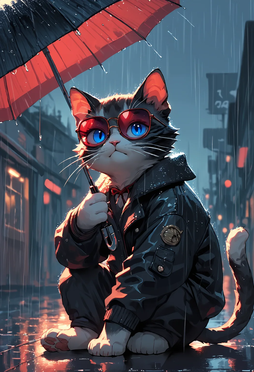 score_9, score_8_up, score_7_up,source_anime,solo,small cat,fat cat,kitten,fluffy,cute,blue eyes,whiskers,sitting,on four paws,bomber jacket,sunglasses,umbrella,red ribbon,sinozick,flat colors,night sky,raining,heavy rain,cute eyes