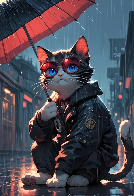 score_9, score_8_up, score_7_up,source_anime,solo,small cat,fat cat,kitten,fluffy,cute,blue eyes,whiskers,sitting,on four paws,bomber jacket,sunglasses,umbrella,red ribbon,sinozick,flat colors,night sky,raining,heavy rain,cute eyes