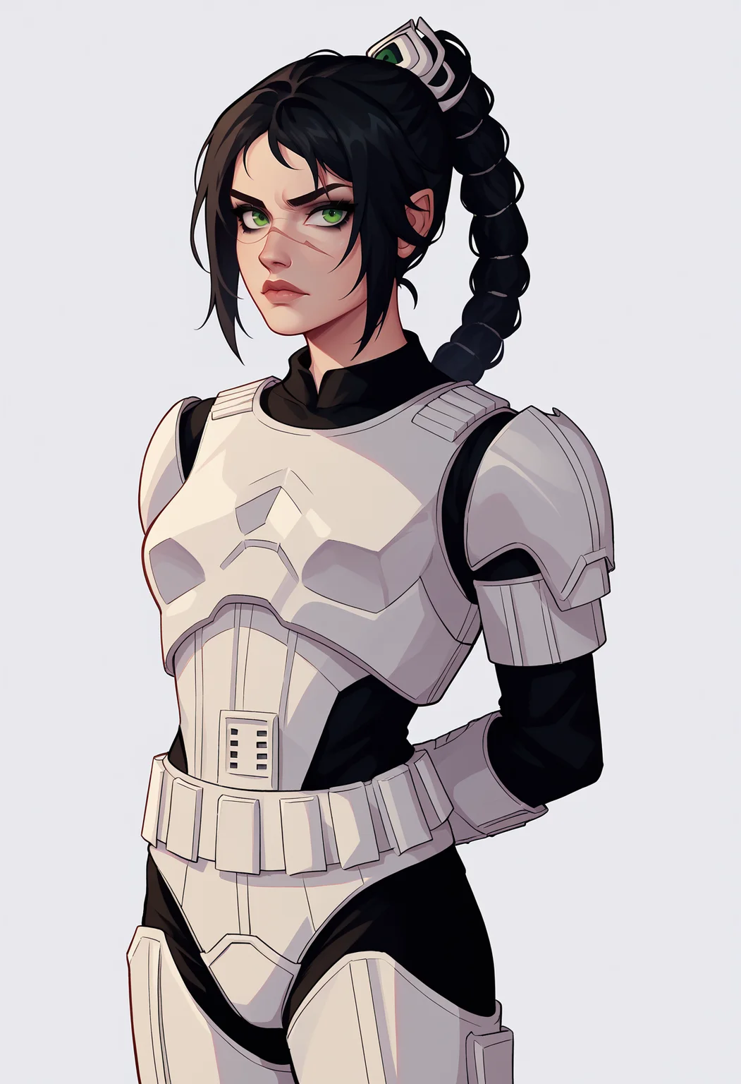 score_9, score_8_up, 1girl, solo, shadowheart, black hair, braided ponytail, green eyes, scar on face, stormtrooper,
looking at viewer, armor, pants,
arms behind back, standing, looking at viewer, white background <lora:ShadowHeartXL:0.8> <lora:StormtrooperXL:1>