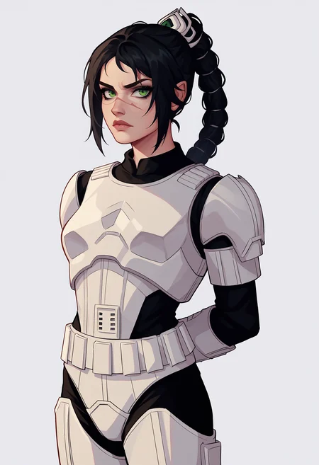 score_9, score_8_up, 1girl, solo, shadowheart, black hair, braided ponytail, green eyes, scar on face, stormtrooper,
looking at viewer, armor, pants,
arms behind back, standing, looking at viewer, white background <lora:ShadowHeartXL:0.8> <lora:StormtrooperXL:1>