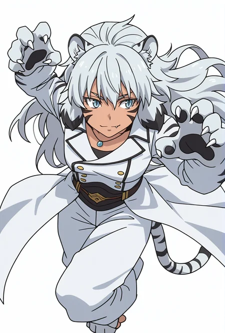 Smooth Quality,masterpiece,very intricate, high quality details, ultra realistic, high detailed skin,detailed enviorement,absurdres,
simple background, white background,solo,
from above,dancing,
lonely,
<lora:Suphia_CNR_r1:0.8> suphia_cnr, 1girl,long hair, grey hair, blue eyes,dark-skinned female, facial mark,tiger ears, tiger tail, fang,monster girl,necklace,suphia_tiger,slit pupils,very long hair, white hair,claws,animal hands,double-breasted jacket, ,long coat, ,baggy pants, ,