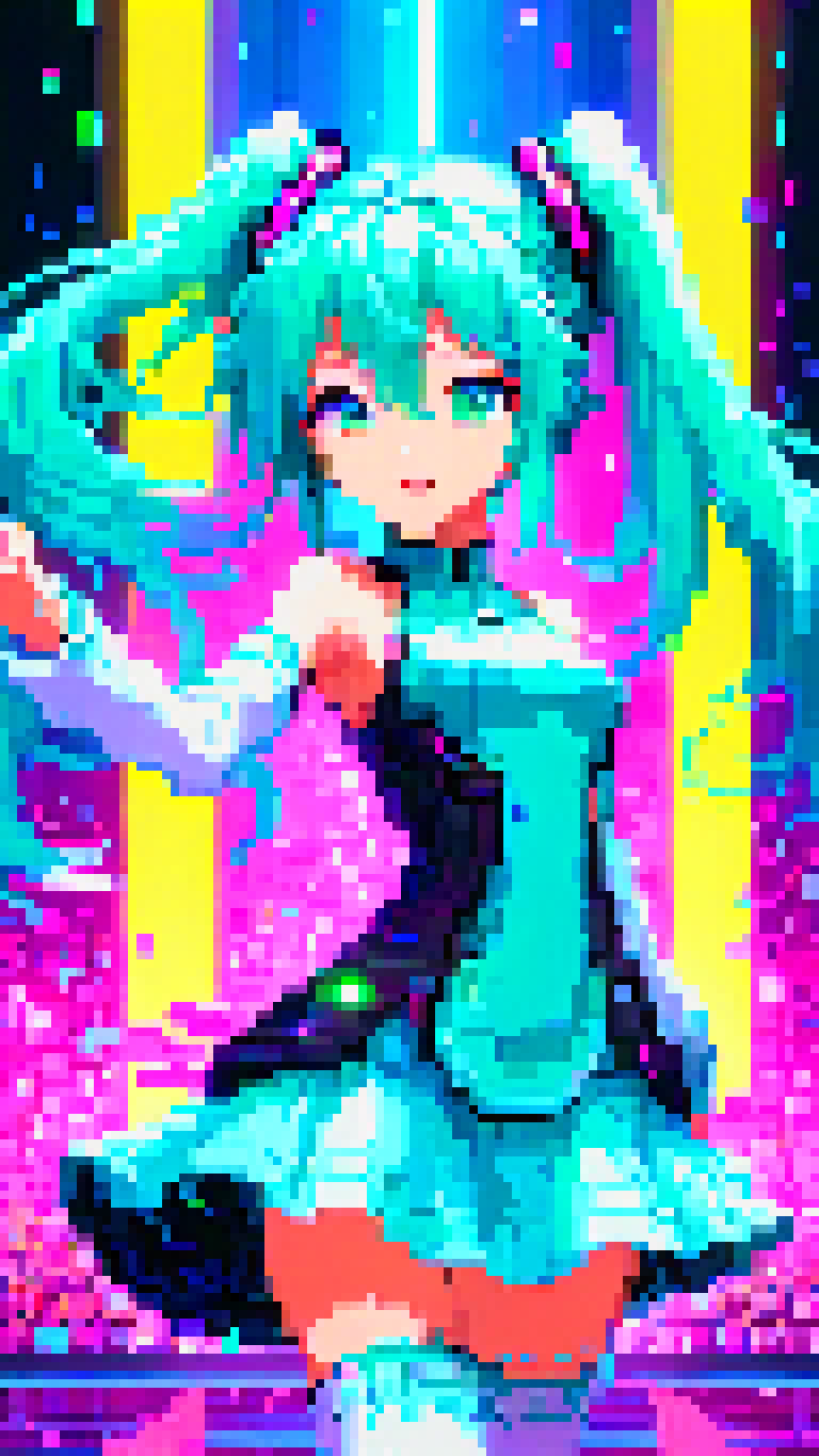 pixel art, Hatsune Miku, the iconic virtual pop star, stands center stage in a futuristic concert venue, Bathed in a neon glow, she gracefully weaves her hands through the air, her fingers leaving trails of light as she conjures a mesmerizing holographic performance, The crowd, a sea of excited fans, watches in awe as she brings her music to life with every elegant movement, 16 bit style