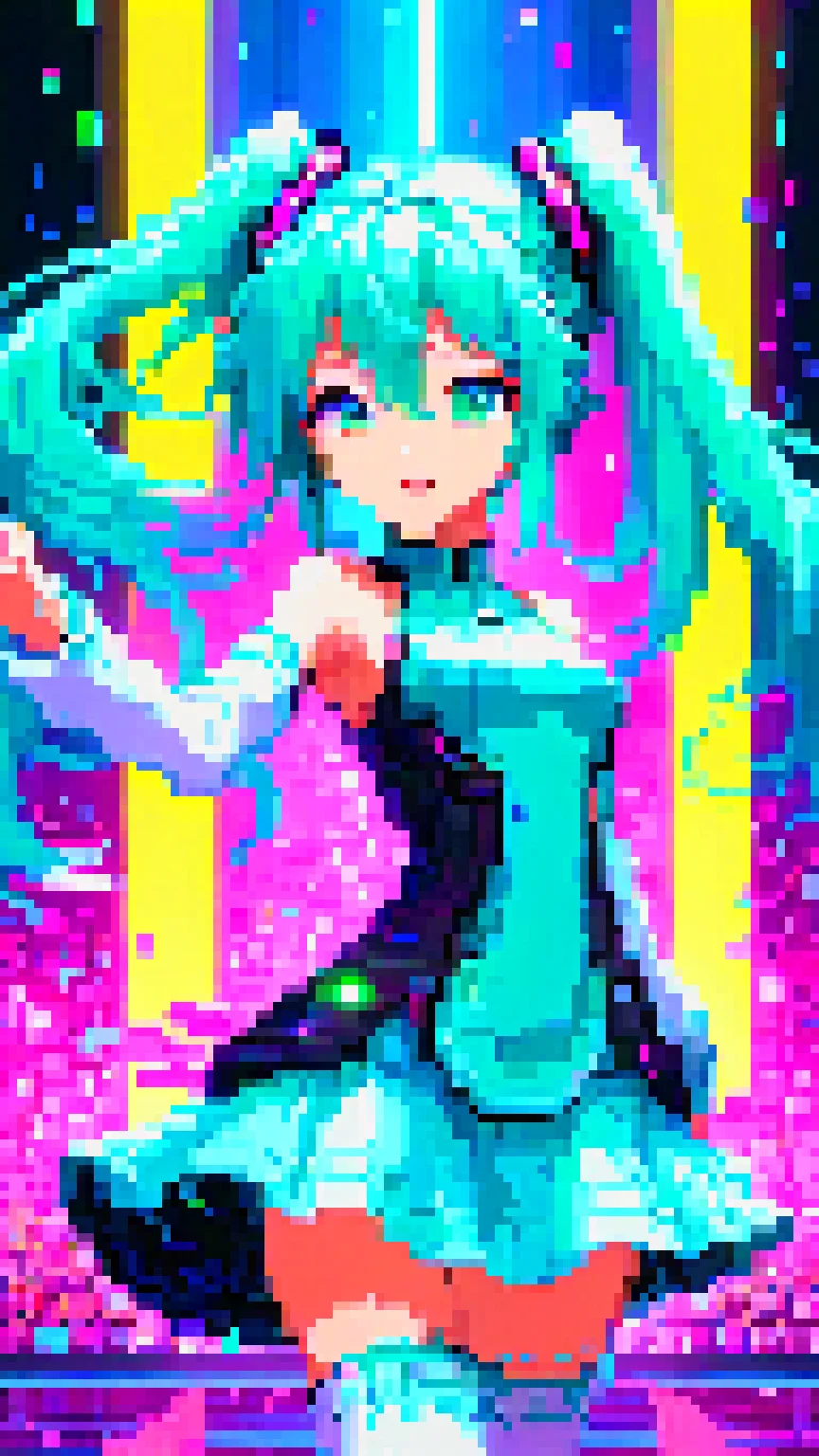 pixel art, Hatsune Miku, the iconic virtual pop star, stands center stage in a futuristic concert venue, Bathed in a neon glow, she gracefully weaves her hands through the air, her fingers leaving trails of light as she conjures a mesmerizing holographic performance, The crowd, a sea of excited fans, watches in awe as she brings her music to life with every elegant movement, 16 bit style