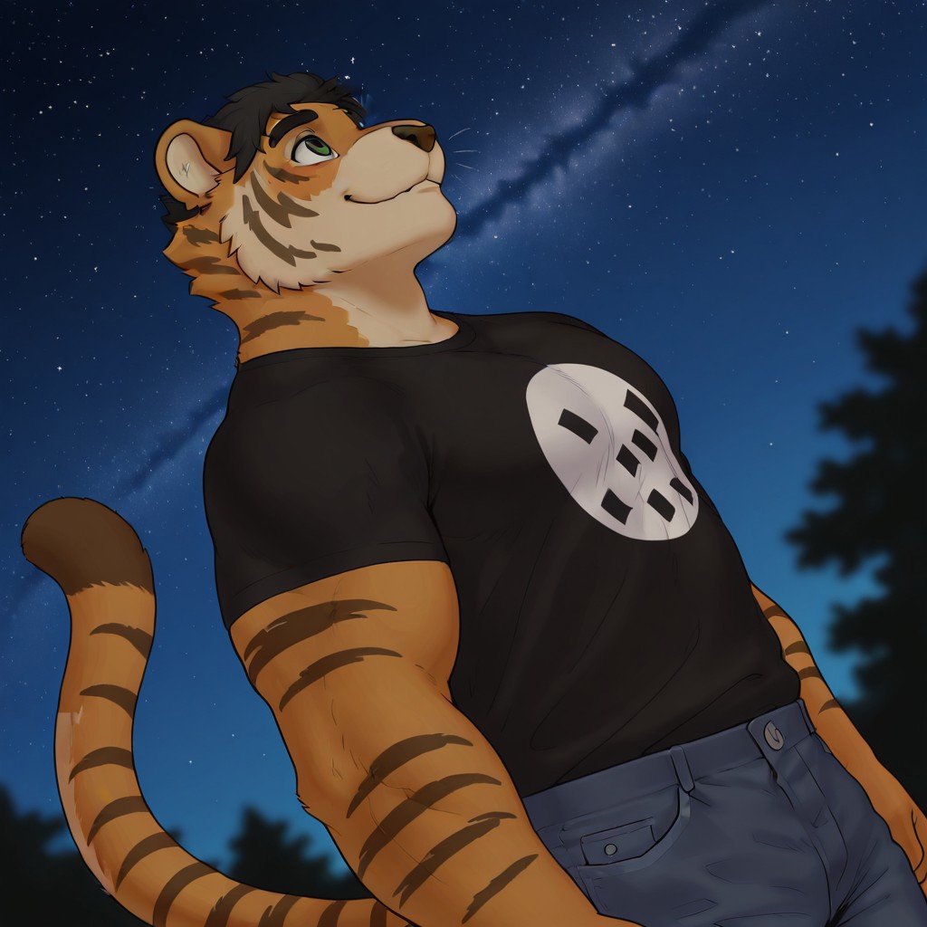 masterpiece, best quality, hires, absurdres, male, bara, tiger, furry, black shirt, jeans, orange fur, short hair, green eyes, sfw, solo, dynamic angle, from side, head back, looking up, night sky, starry sky, vibrant stars, night time, dark, smile, upper body focus, unparalleled masterpiece, best quality, amazing quality, highres, depth of field, extremely-detailed, detailed background, detailed fur, detailed muscles, cinematic lighting