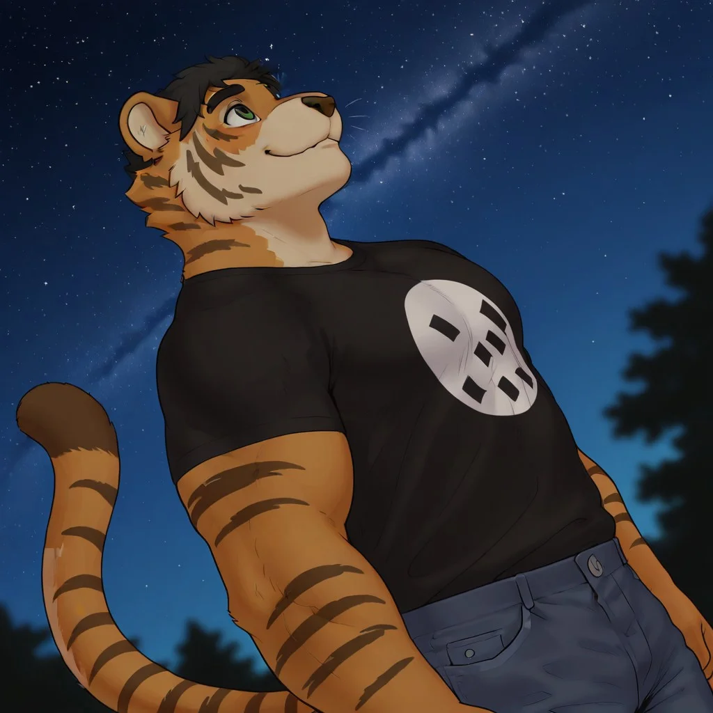 masterpiece, best quality, hires, absurdres, male, bara, tiger, furry, black shirt, jeans, orange fur, short hair, green eyes, sfw, solo, dynamic angle, from side, head back, looking up, night sky, starry sky, vibrant stars, night time, dark, smile, upper body focus, unparalleled masterpiece, best quality, amazing quality, highres, depth of field, extremely-detailed, detailed background, detailed fur, detailed muscles, cinematic lighting