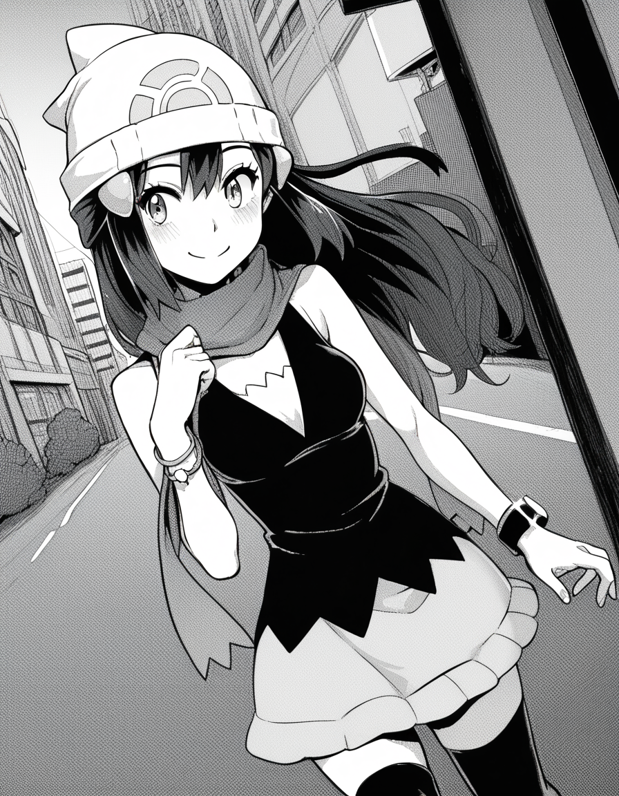 score_9, score_8_up, score_7_up, source_anime, sakiyoshida, <lora:saki-yoshida-manga-ponyxl-lora-nochekaiser:1>, saki yoshida, long hair, hair between eyes, monochrome, greyscale, black hair, medium breasts,, <lora:dawn-pokemon-cosplay-ponyxl-lora-nochekaiser:1>, dawnpokemoncosplay, dawn \(pokemon\) \(cosplay\), bare shoulders, beanie, black shirt, black socks, bracelet, hat, jewelry, kneehighs, miniskirt, pink skirt, red scarf, scarf, shirt, skirt, sleeveless, sleeveless shirt, white headwear,, cityscape, street, smile, blush,, cowboy shot, dutch angle, solo,