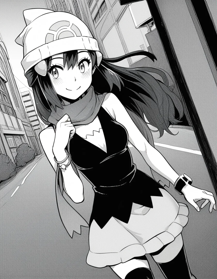 score_9, score_8_up, score_7_up, source_anime, sakiyoshida, <lora:saki-yoshida-manga-ponyxl-lora-nochekaiser:1>, saki yoshida, long hair, hair between eyes, monochrome, greyscale, black hair, medium breasts,, <lora:dawn-pokemon-cosplay-ponyxl-lora-nochekaiser:1>, dawnpokemoncosplay, dawn \(pokemon\) \(cosplay\), bare shoulders, beanie, black shirt, black socks, bracelet, hat, jewelry, kneehighs, miniskirt, pink skirt, red scarf, scarf, shirt, skirt, sleeveless, sleeveless shirt, white headwear,, cityscape, street, smile, blush,, cowboy shot, dutch angle, solo,