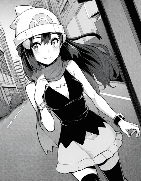 score_9, score_8_up, score_7_up, source_anime, sakiyoshida, <lora:saki-yoshida-manga-ponyxl-lora-nochekaiser:1>, saki yoshida, long hair, hair between eyes, monochrome, greyscale, black hair, medium breasts,, <lora:dawn-pokemon-cosplay-ponyxl-lora-nochekaiser:1>, dawnpokemoncosplay, dawn \(pokemon\) \(cosplay\), bare shoulders, beanie, black shirt, black socks, bracelet, hat, jewelry, kneehighs, miniskirt, pink skirt, red scarf, scarf, shirt, skirt, sleeveless, sleeveless shirt, white headwear,, cityscape, street, smile, blush,, cowboy shot, dutch angle, solo,