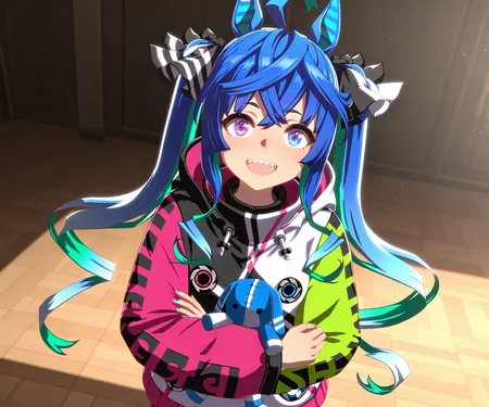 masterpiece, best quality, amazing quality, , 1girl, solo, looking at viewer, <lora:Twin Turbo in game style 3D ILL-v2:1> ummsmingame, 3d, twin turbo \(umamusume\), sharp teeth,
