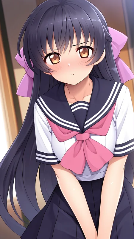 amazing quality,absurdres,best quality,masterpiece,highres,newest,detailed,detailed body,detailed face,masterpiece,best quality,solo,
Misono Rokujo,1girl,solo,school uniform,long hair,black hair,serafuku,brown eyes,skirt,bow,<lora:å
æ¡ç¾å:0.8>,