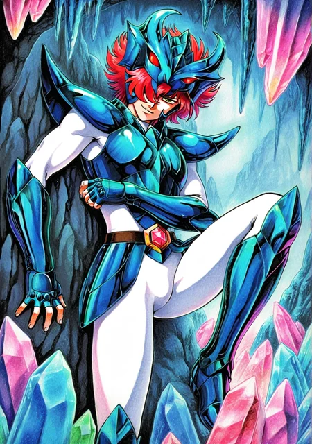 masterpiece,best quality,amazing quality, multfx, colorful, colored shading, hued shading, cyb88, traditional media, SSALBE, 1boy, solo, male focus, wavy hair, short hair, pink-red hair, hair over one eye, green eyes, megrez forehead protector (red eyes), megrez armor, belt buckle, teal pauldrons, teal breastplate, white bodysuit, teal fingerless gauntlets, from the side, crystal cave, pink crystals (size difference), leaning against wall, stalactites, crossed arms, head tilt, smirk, looking at viewer, leg up