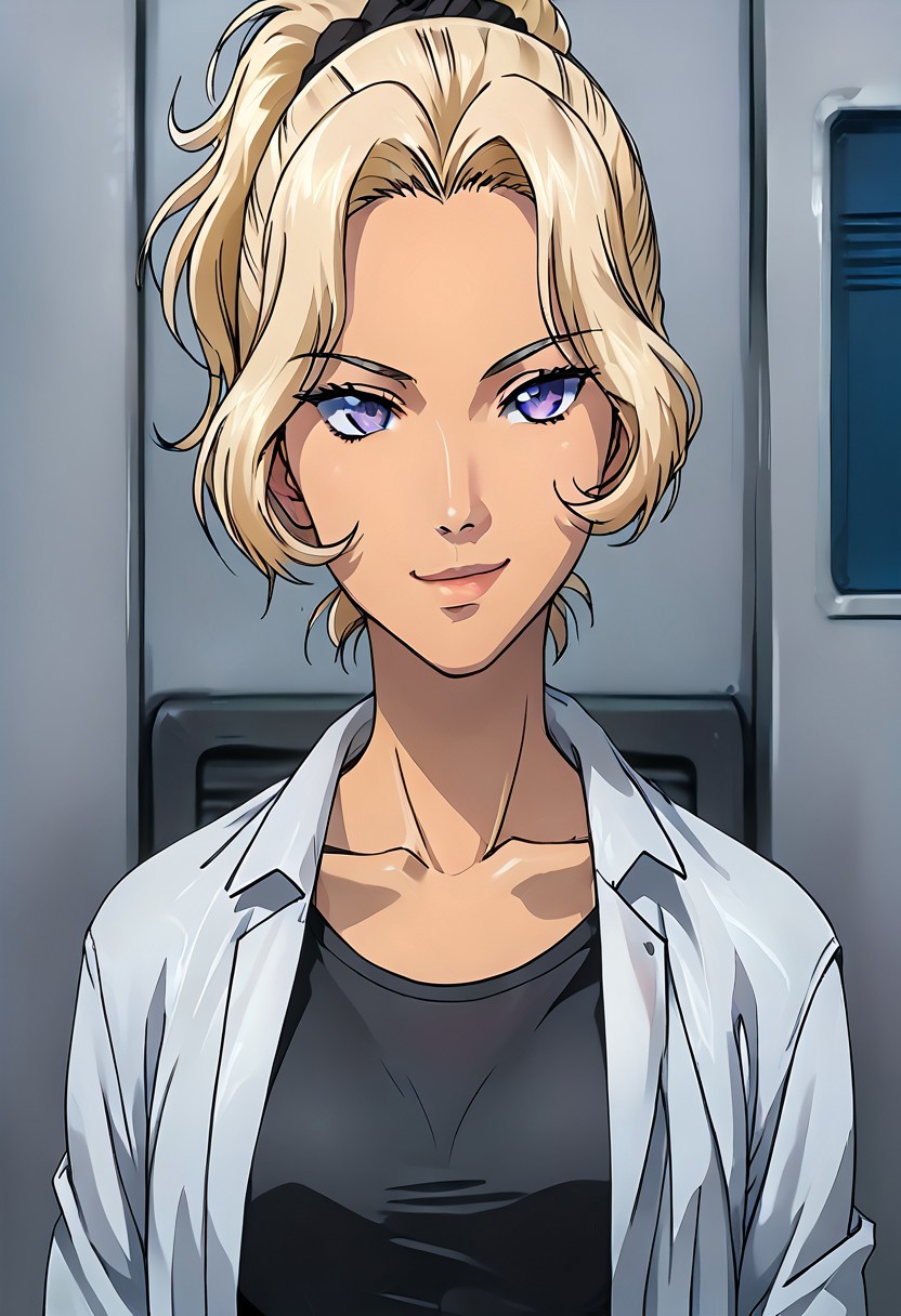 SCORE_9, SCORE_8_UP, SOURCE_ANIME, REALISTIC, BREAK, 1FEMALE, MIEKO ITAZURA, SOLO, PORTRAIT, PLATINUM BLONDE HAIR, LAVENDER EYES, SKIN TAN, SHORT PONYTAIL, BLACK SCRUNCHIE, (BLACK (SCOOP TEESHIRT)), (((INVERTED OVERCOAT))), WHITE OVERCOAT, WHITE OFFICE SKIRT, SMIRK, BREAK, SITTING IN CHAIR AT BOOTH, NEWS, BROADCAST, HIGH RESOLUTION, VIVID TEXTURES
